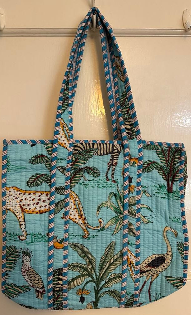 Quilted Tote Bag Jungle Animal Print – Blue Tropical Safari – 33x33cm