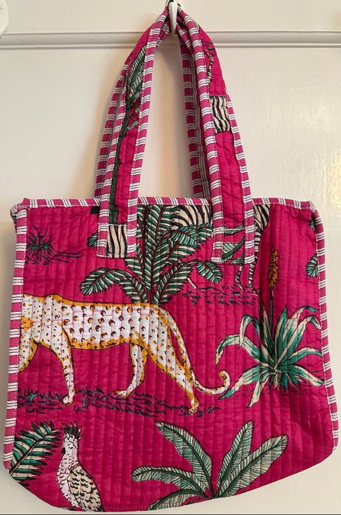 Handmade Quilted Tote Bag – Pink Jungle Print | Leopard, Flamingo, Parrot | 29x29cm