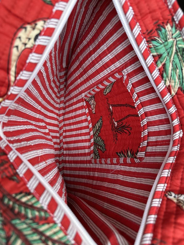 Bold Quilted Cotton Tote Bag – Jungle Animal Print – Red – Handmade Style – 33x33cm