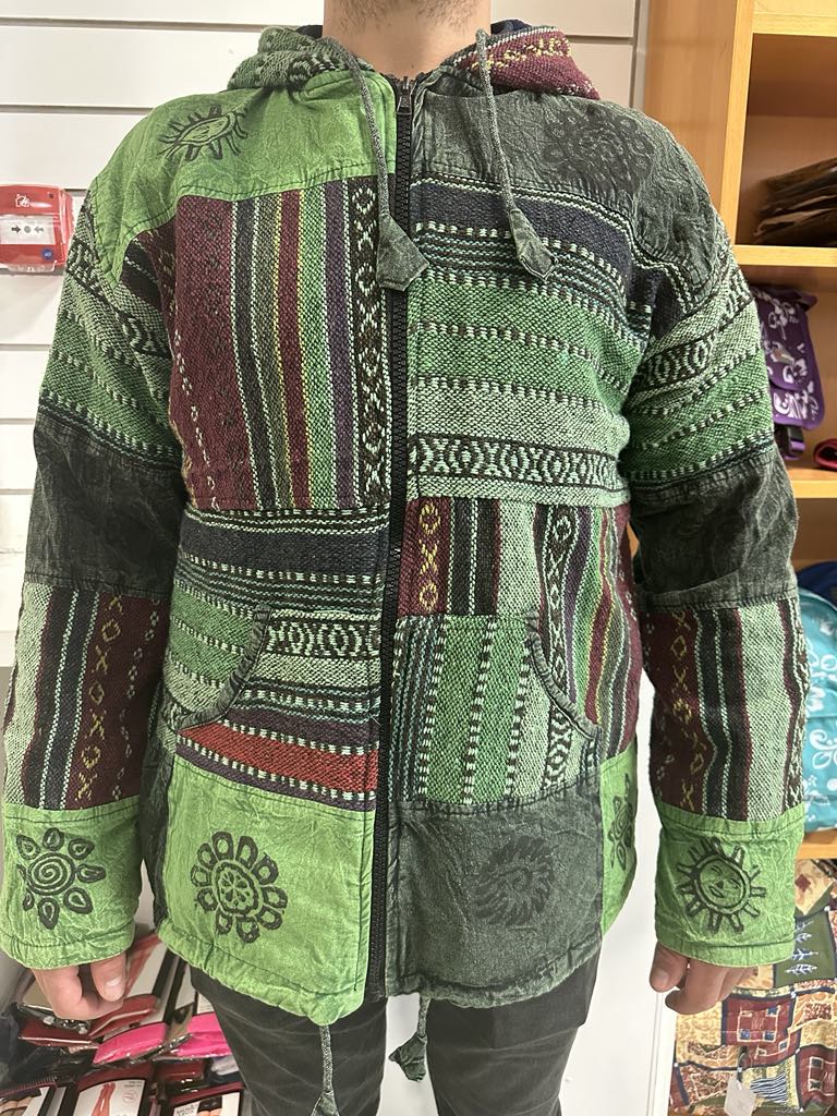 Men's Boho Hippie Patchwork Jacket Fleece Lined Medium Size - Handmade in India