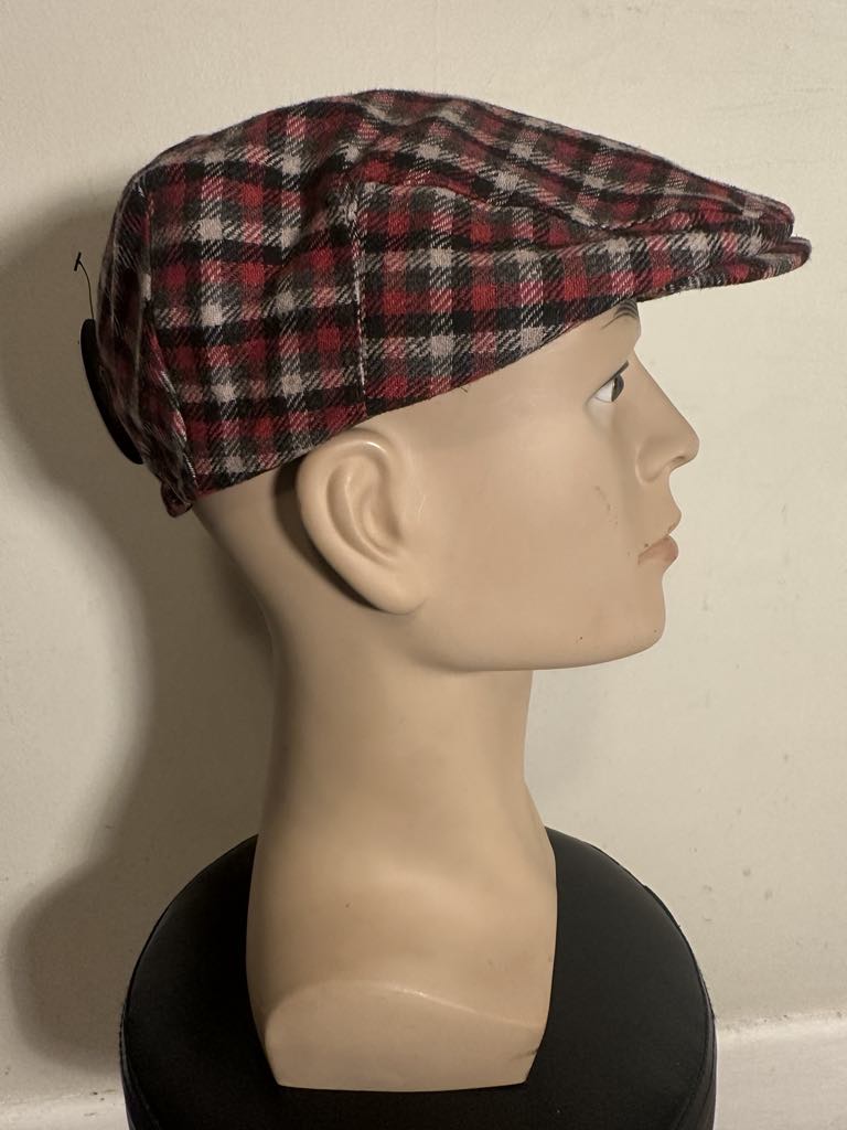 Vintage Style Flat Cap – Red Tartan Check Newsboy Hat – 50% Wool 50% Cotton – One Size Fits All