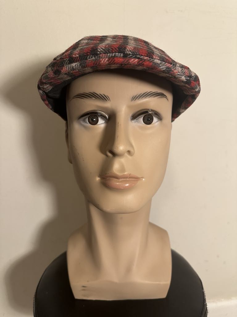 Vintage Style Flat Cap – Red Tartan Check Newsboy Hat – 50% Wool 50% Cotton – One Size Fits All