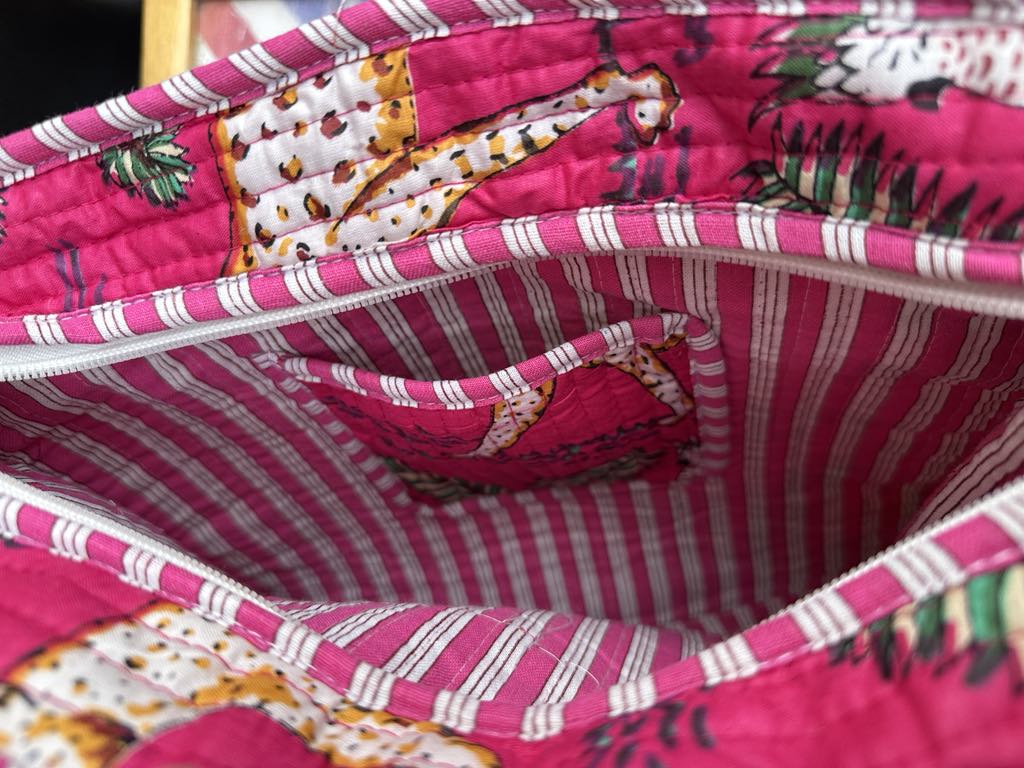 Handmade Quilted Tote Bag – Pink Jungle Print | Leopard, Flamingo, Parrot | 29x29cm