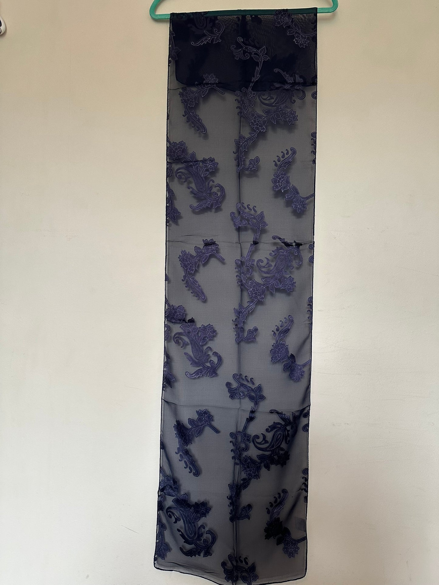 Elegant Navy Blue Floral Embroidered Scarf 33x150cm - Sheer Viscose Polyester Wrap