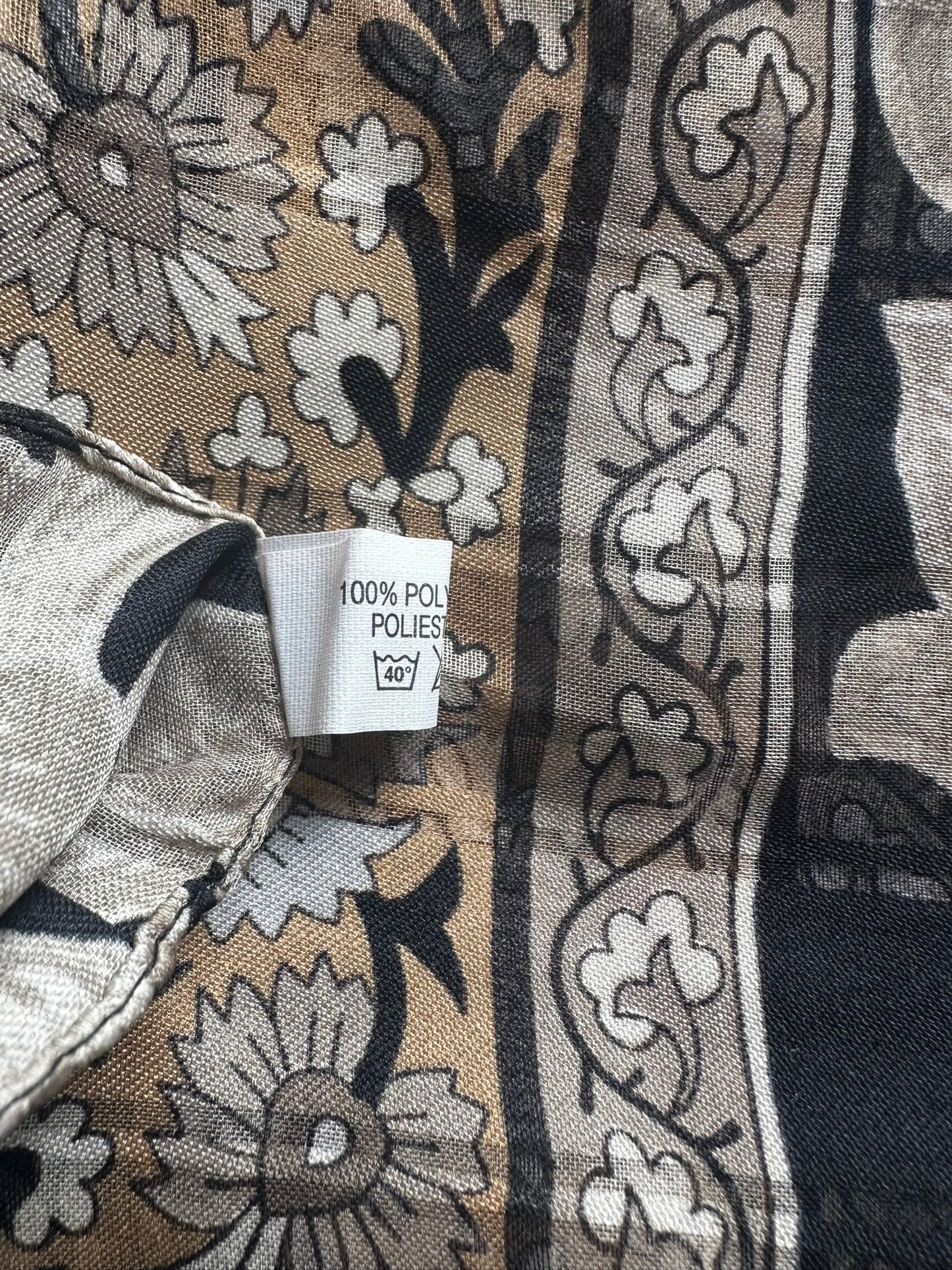 Elegant Vintage-Inspired Floral Scarf 39x160cm – Grey Gold Black – 100% Polyester