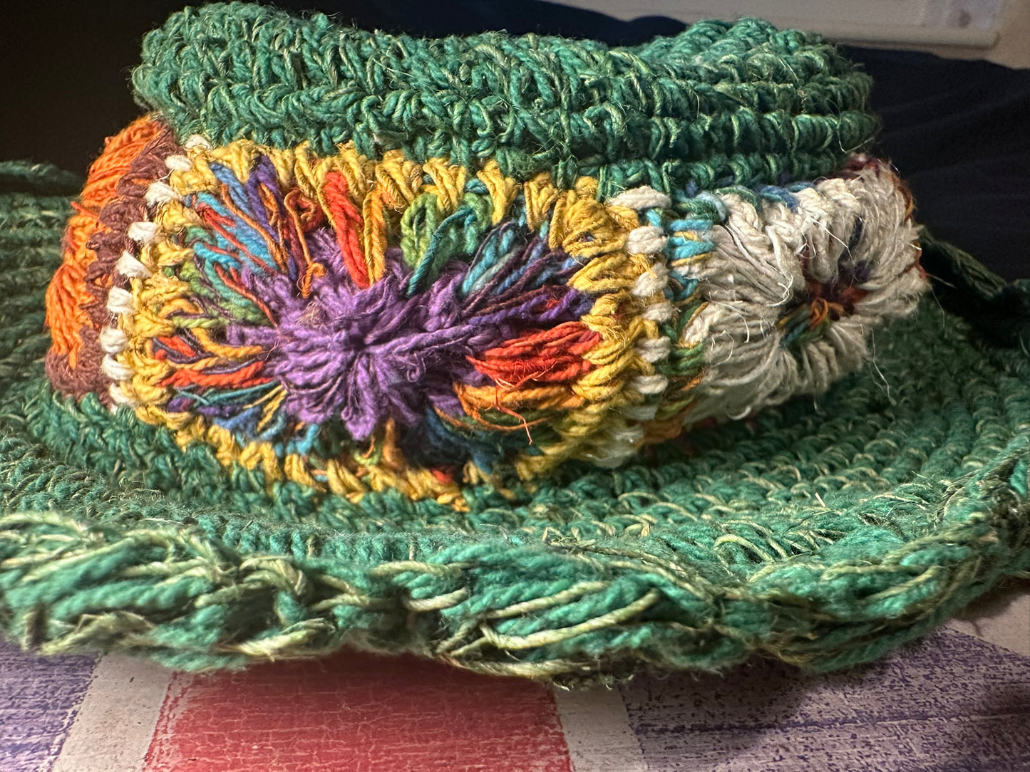 Handmade Hemp Festival Hat – Colorful Crochet Design, Shapeable Wire Brim
