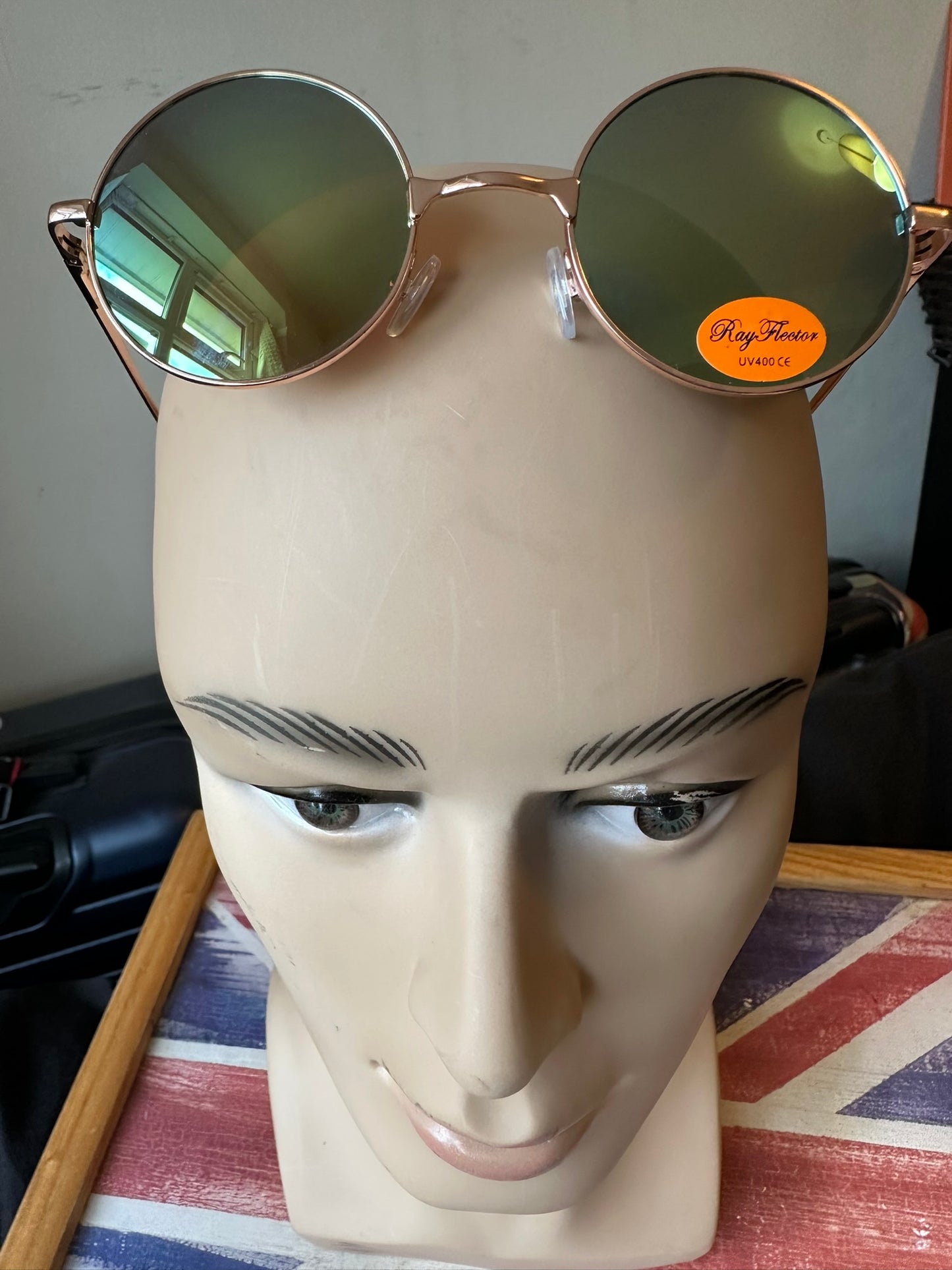 Rayflector AV1231 Round Retro Sunglasses UV400 CAT 3 – Gold Frame Green Mirror Lens