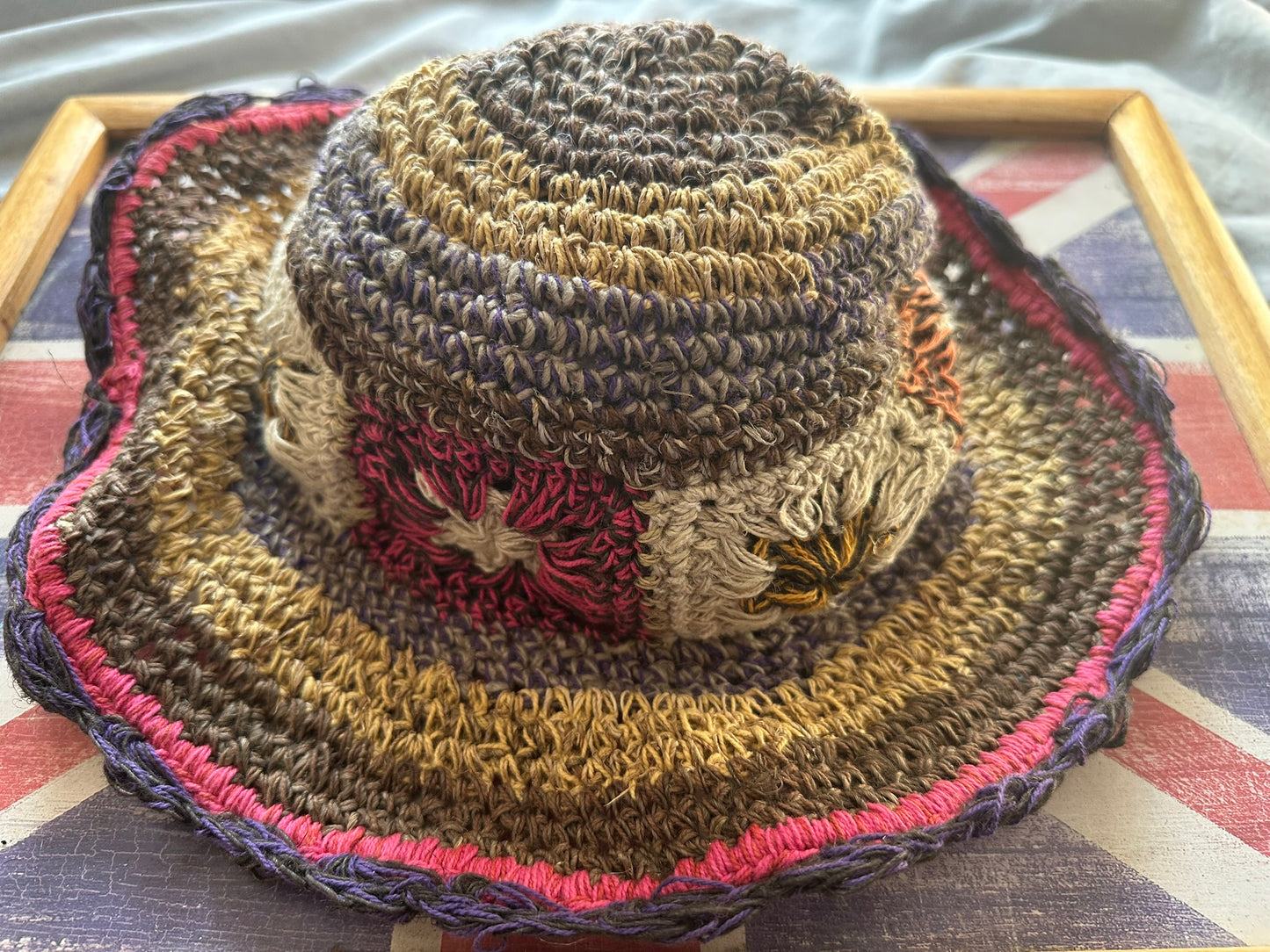 Handmade Hemp Festival Hat – Colorful Crochet Design, Shapeable Wire Brim