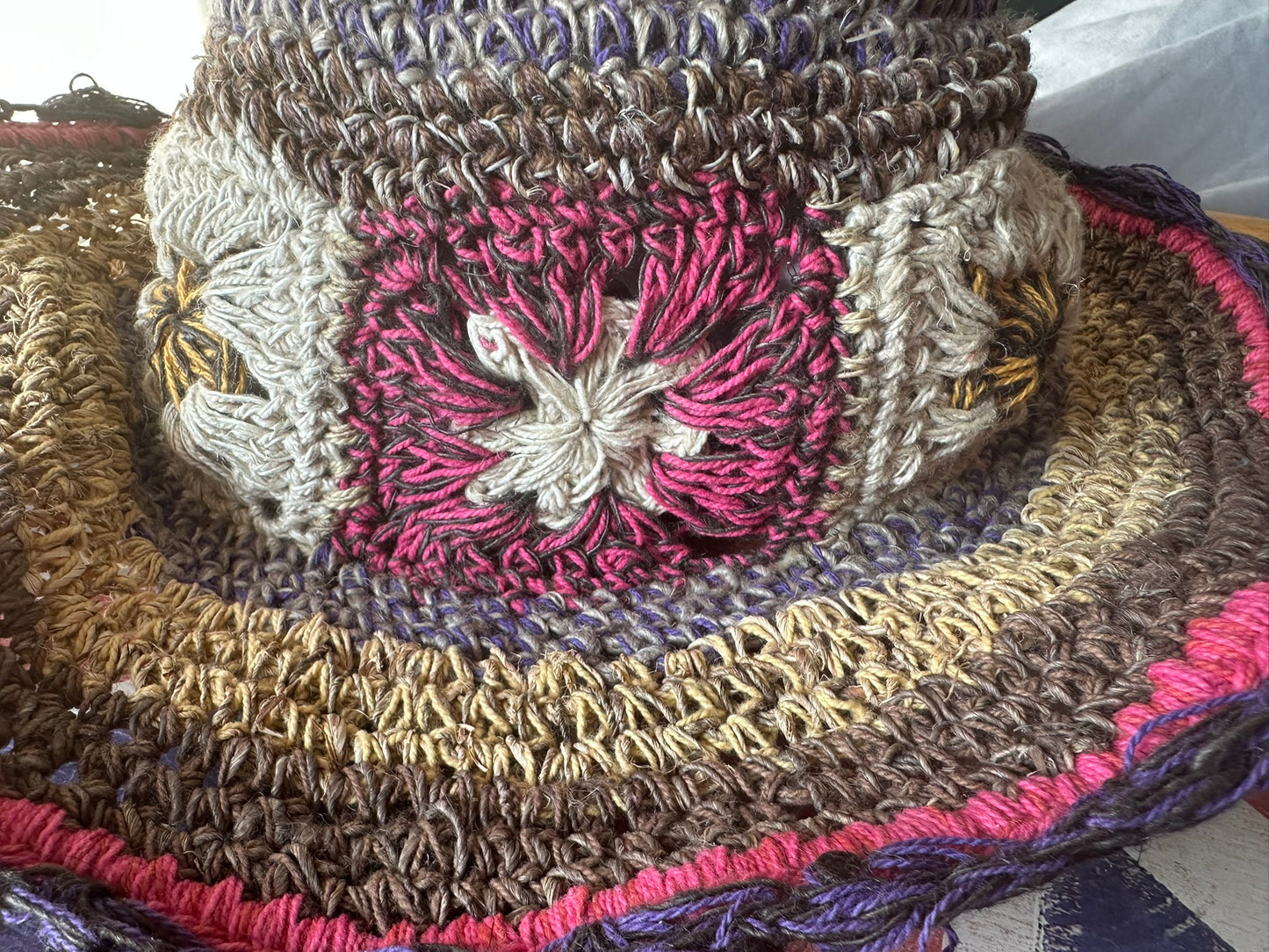 Handmade Hemp Festival Hat – Colorful Crochet Design, Shapeable Wire Brim