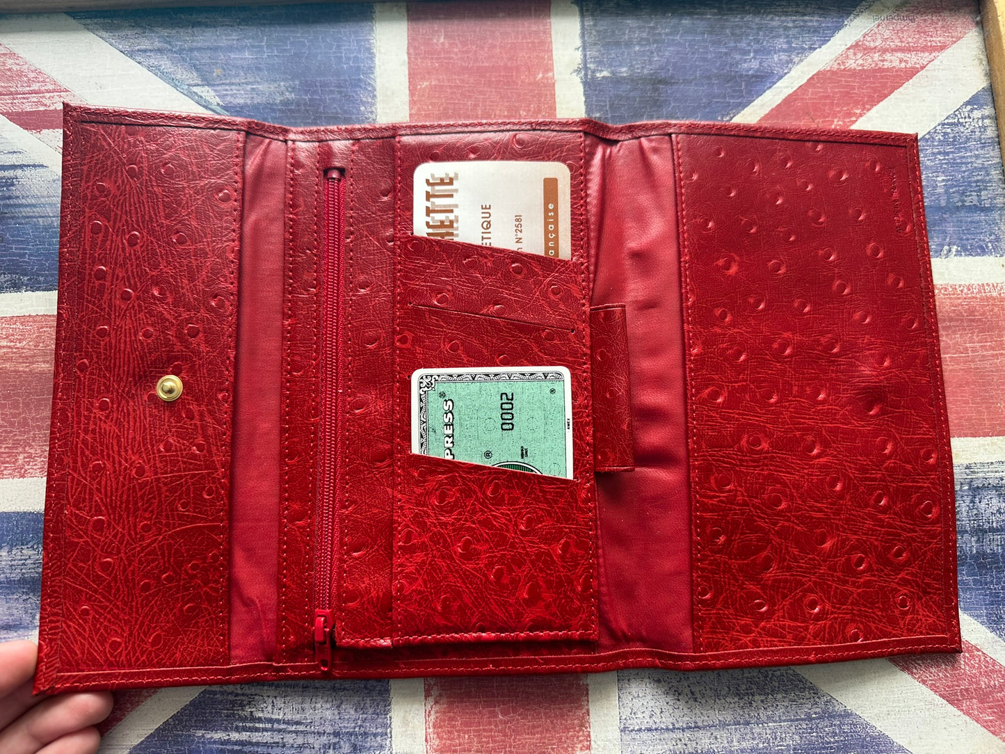 Elegant Faux Ostrich Leather Wallet Clutch - Red, 19x13cm, Multi-Compartment Organizer