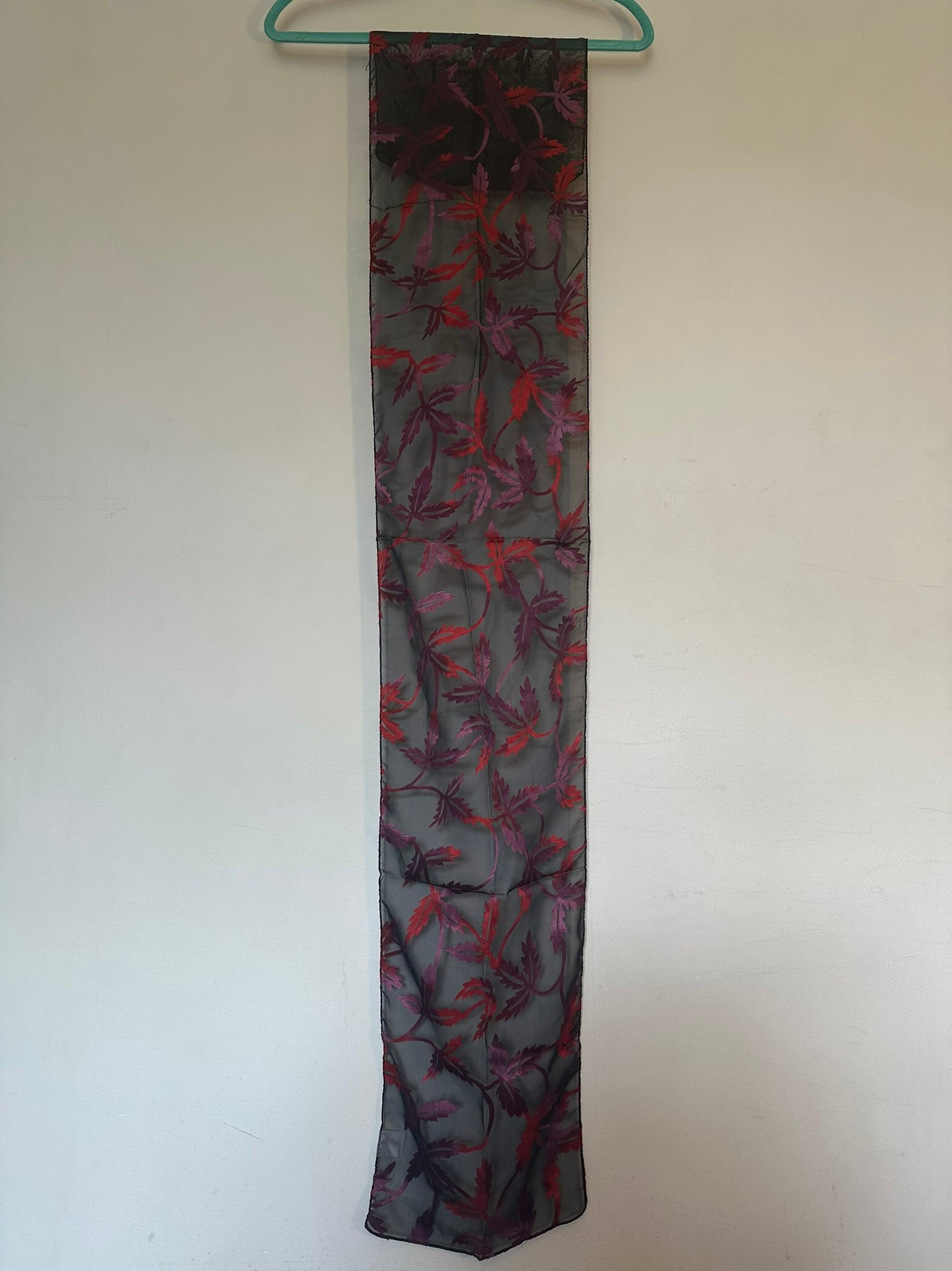 Chic Sheer Black Leaf Scarf - Red Purple Pattern 24x150cm Lightweight Polyester Viscose