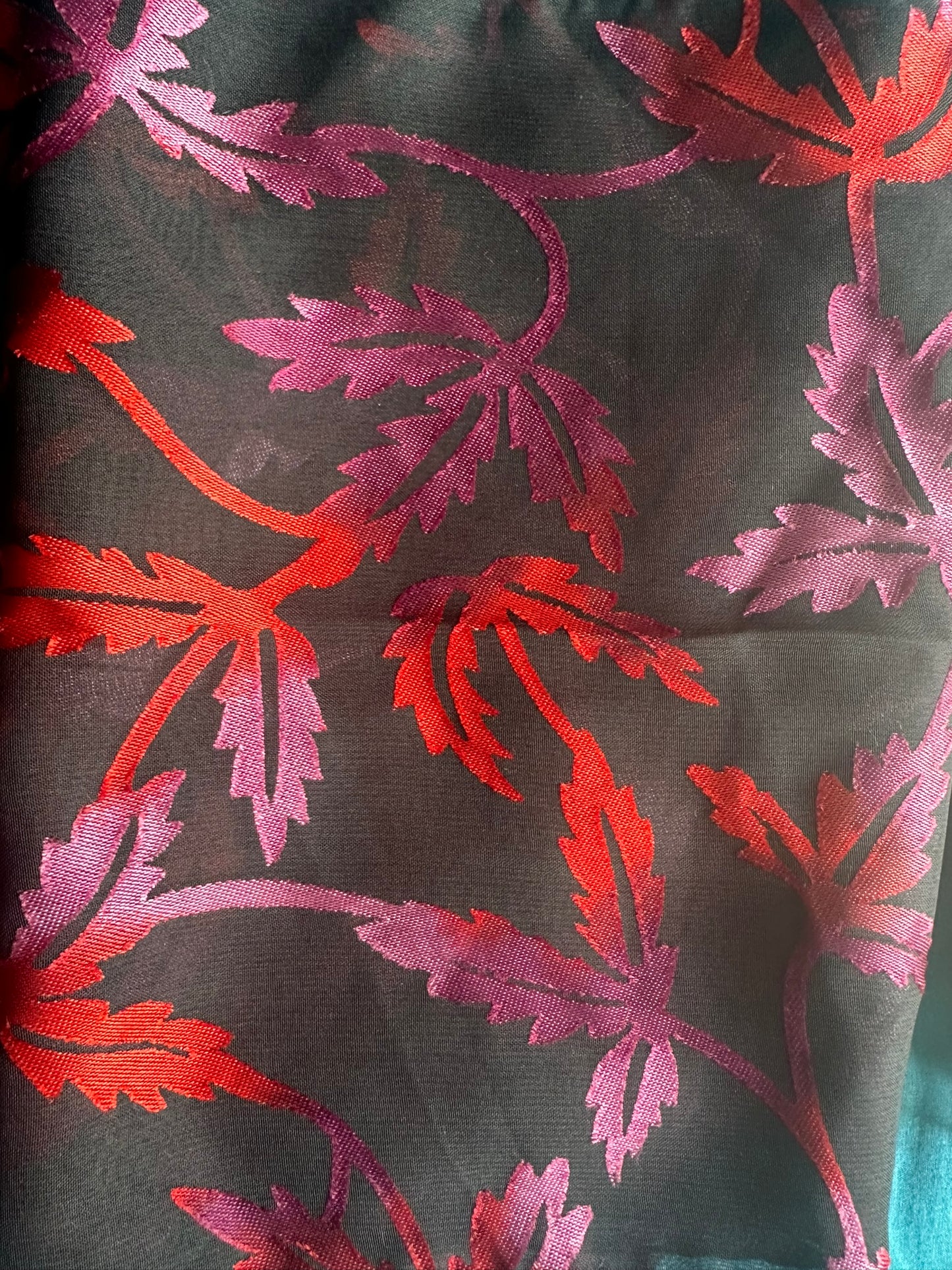 Chic Sheer Black Leaf Scarf - Red Purple Pattern 24x150cm Lightweight Polyester Viscose