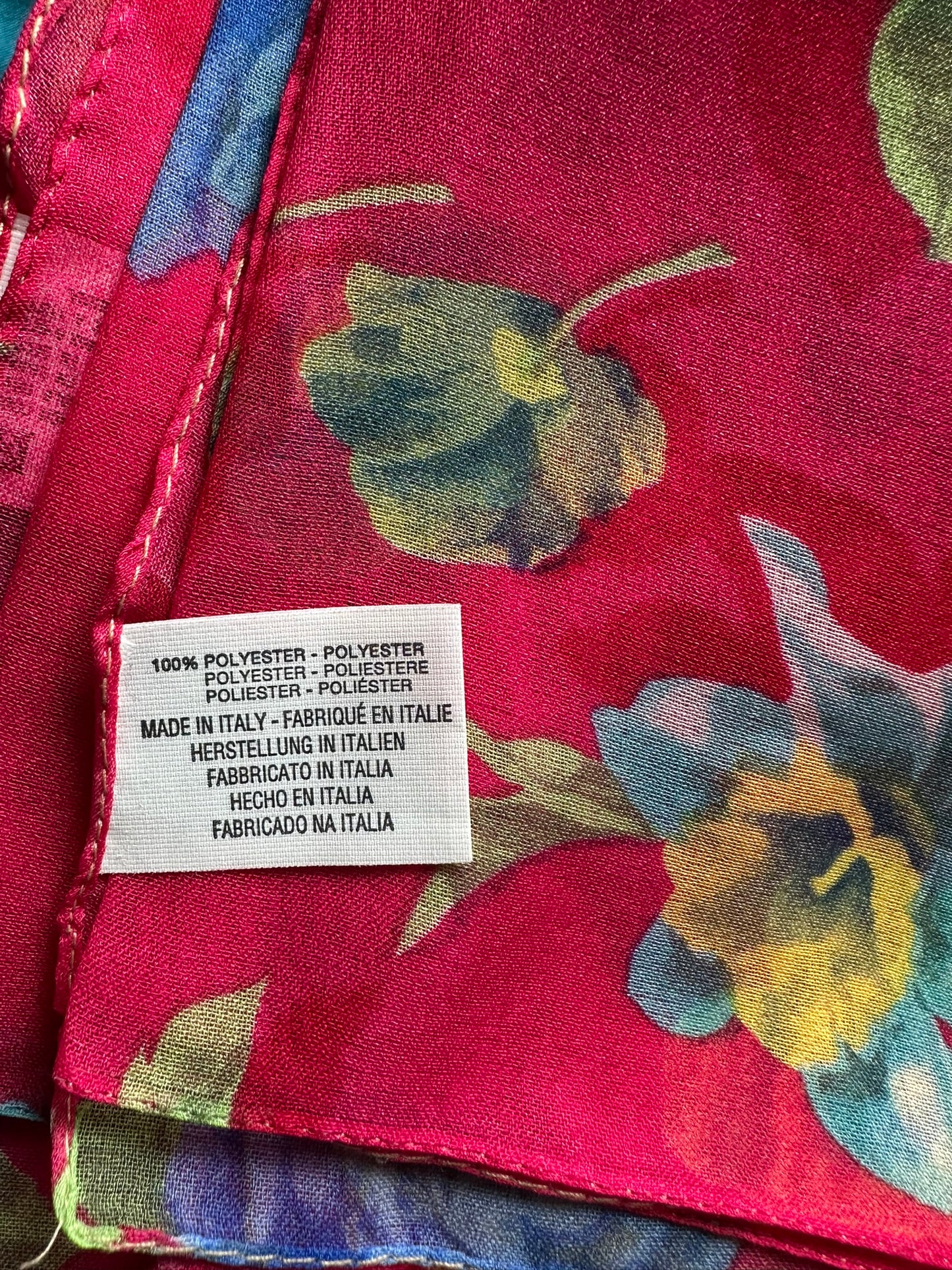 Made in Italy Pink Floral Scarf 29x136cm Sheer Polyester Blue Yellow Flowers