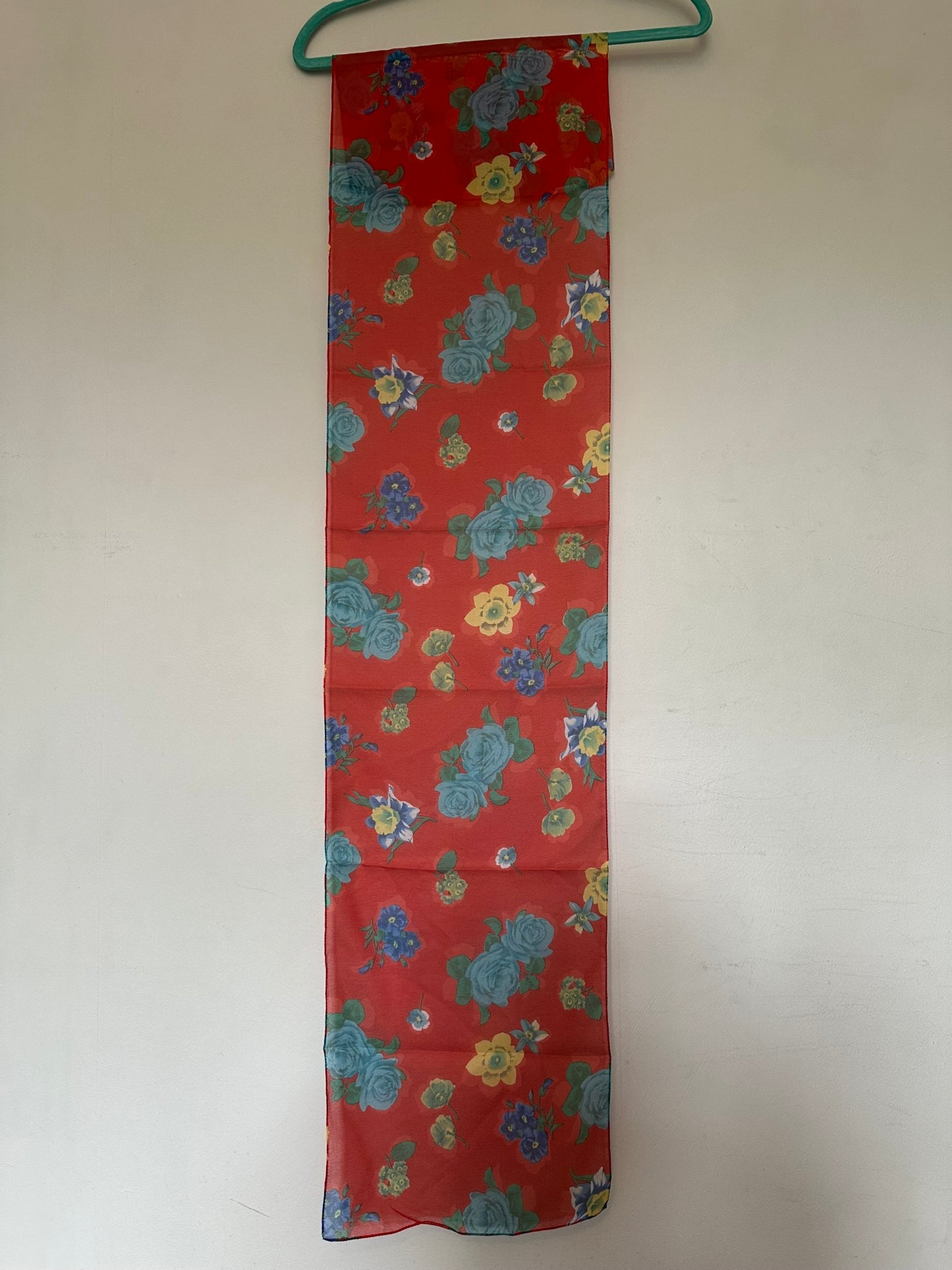 Italian Sheer Floral Scarf Red Blue Green Yellow Print 29x136 cm Polyester