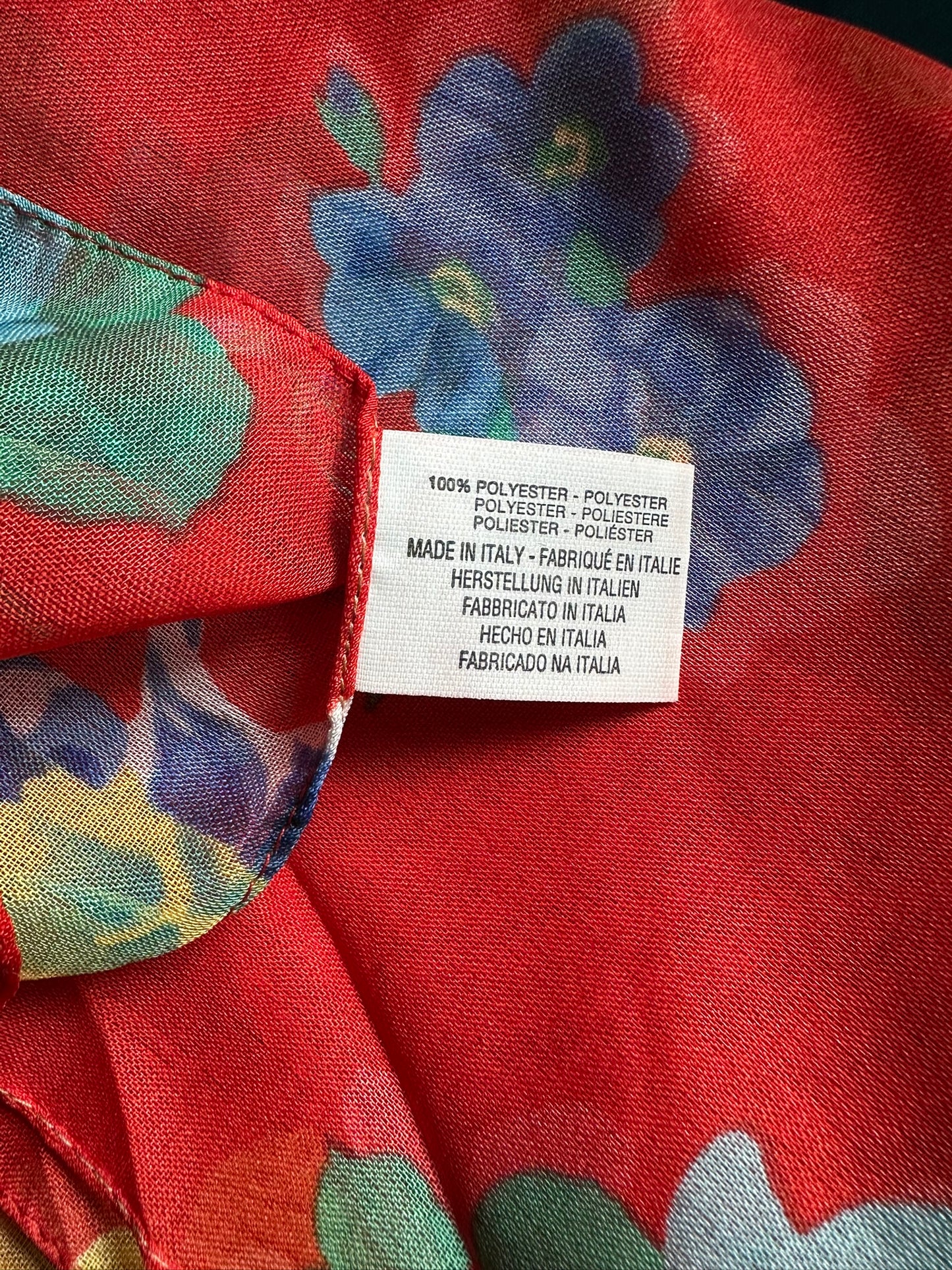 Italian Sheer Floral Scarf Red Blue Green Yellow Print 29x136 cm Polyester