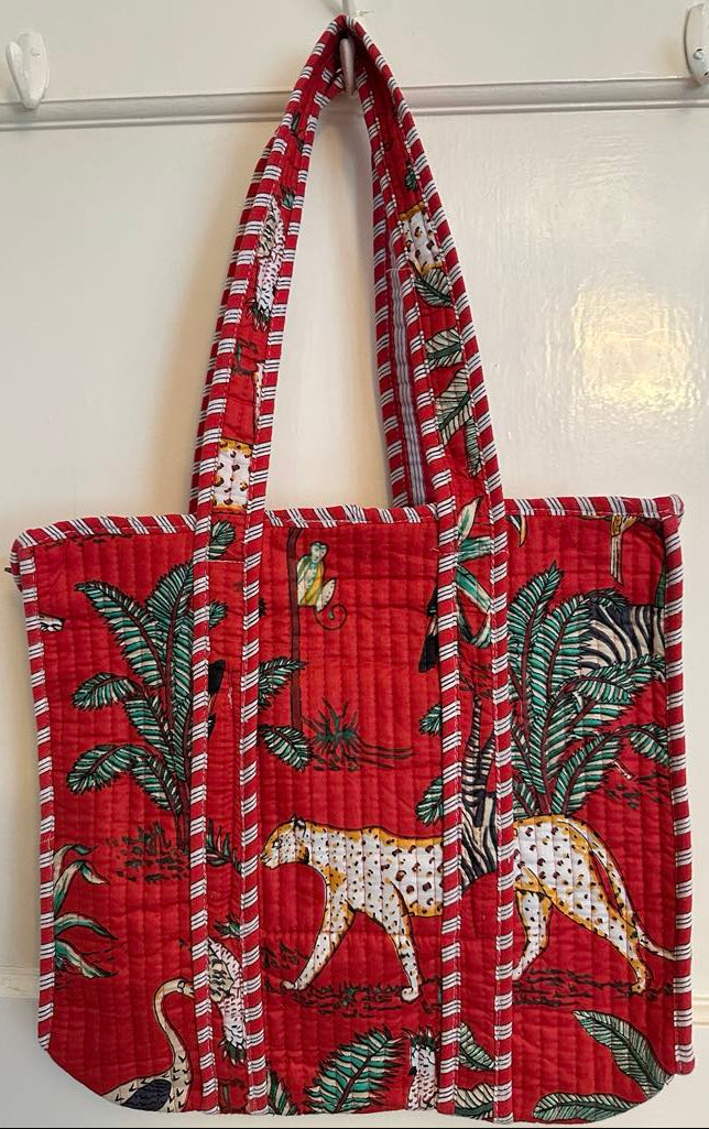 Bold Quilted Cotton Tote Bag – Jungle Animal Print – Red – Handmade Style – 33x33cm