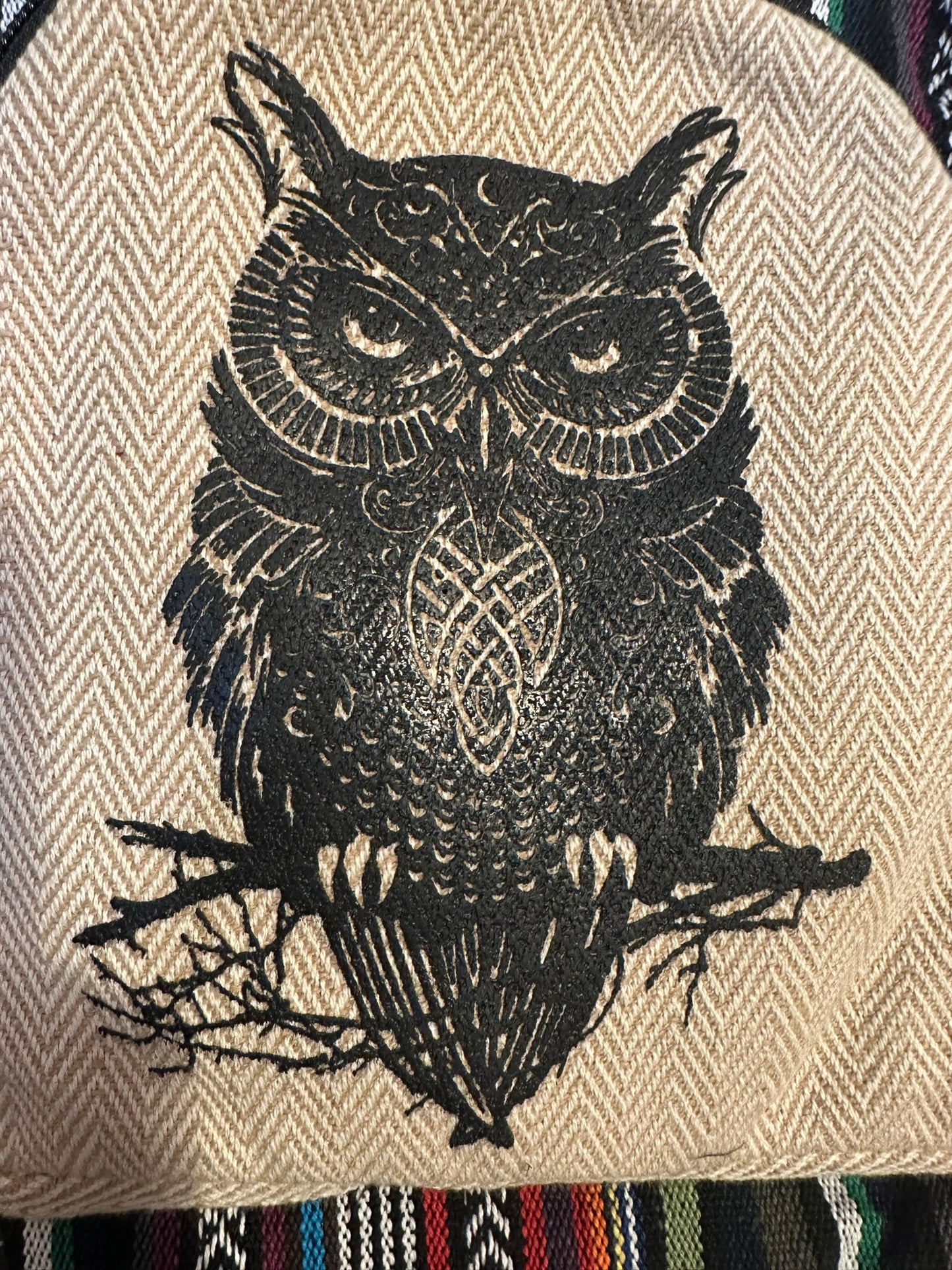 Himalayan Hemp Backpack Owl Print - 38x30cm - Handmade THC-Free Bag Made in Nepal - Boho Backpack