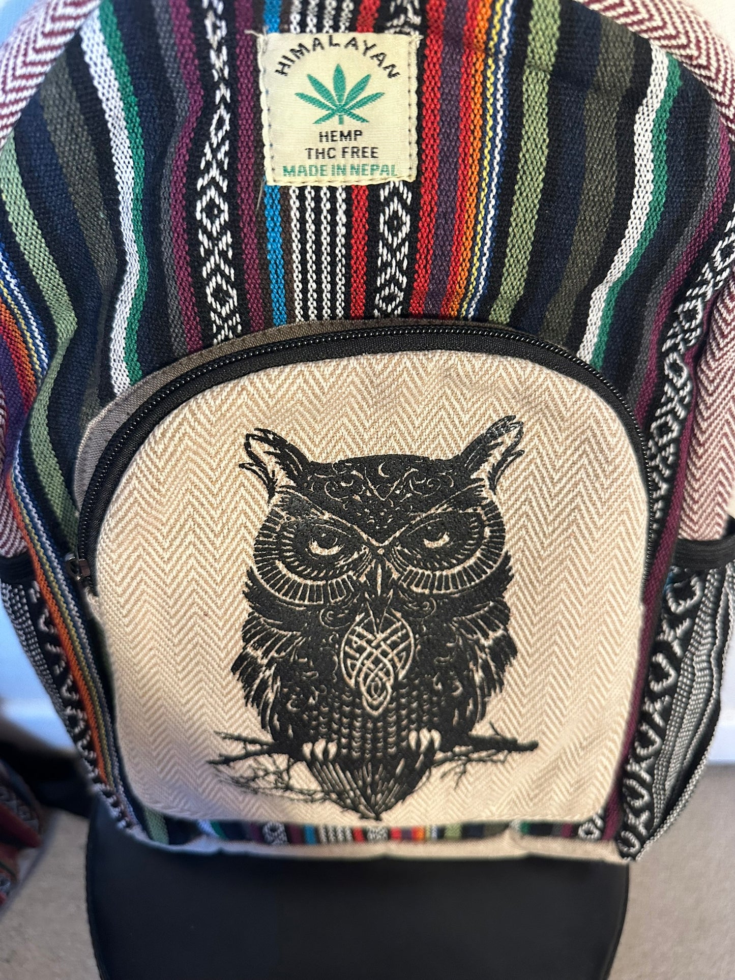 Himalayan Hemp Backpack Owl Print - 38x30cm - Handmade THC-Free Bag Made in Nepal - Boho Backpack