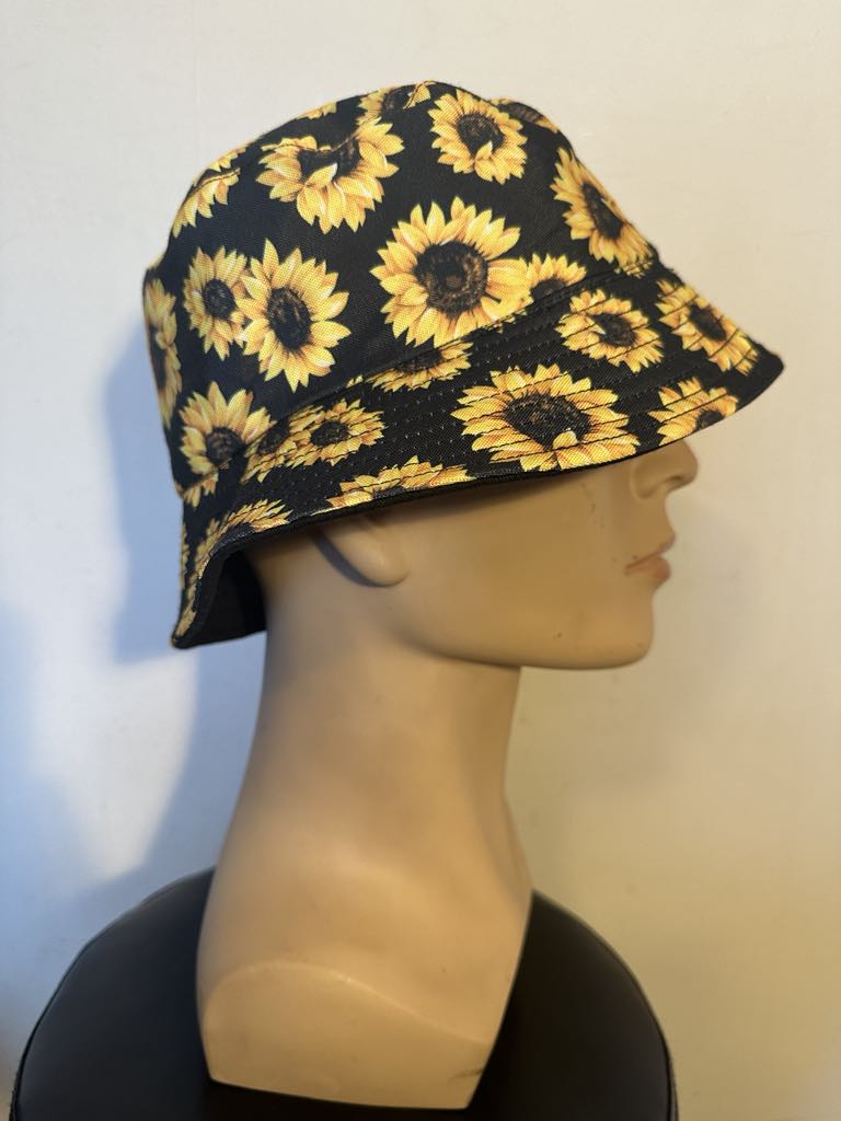 Reversible Sunflower Bucket Hat 100% Cotton Black Yellow Floral Unisex Summer Cap