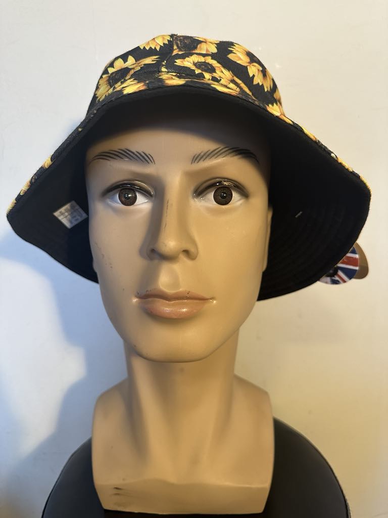 Reversible Sunflower Bucket Hat 100% Cotton Black Yellow Floral Unisex Summer Cap
