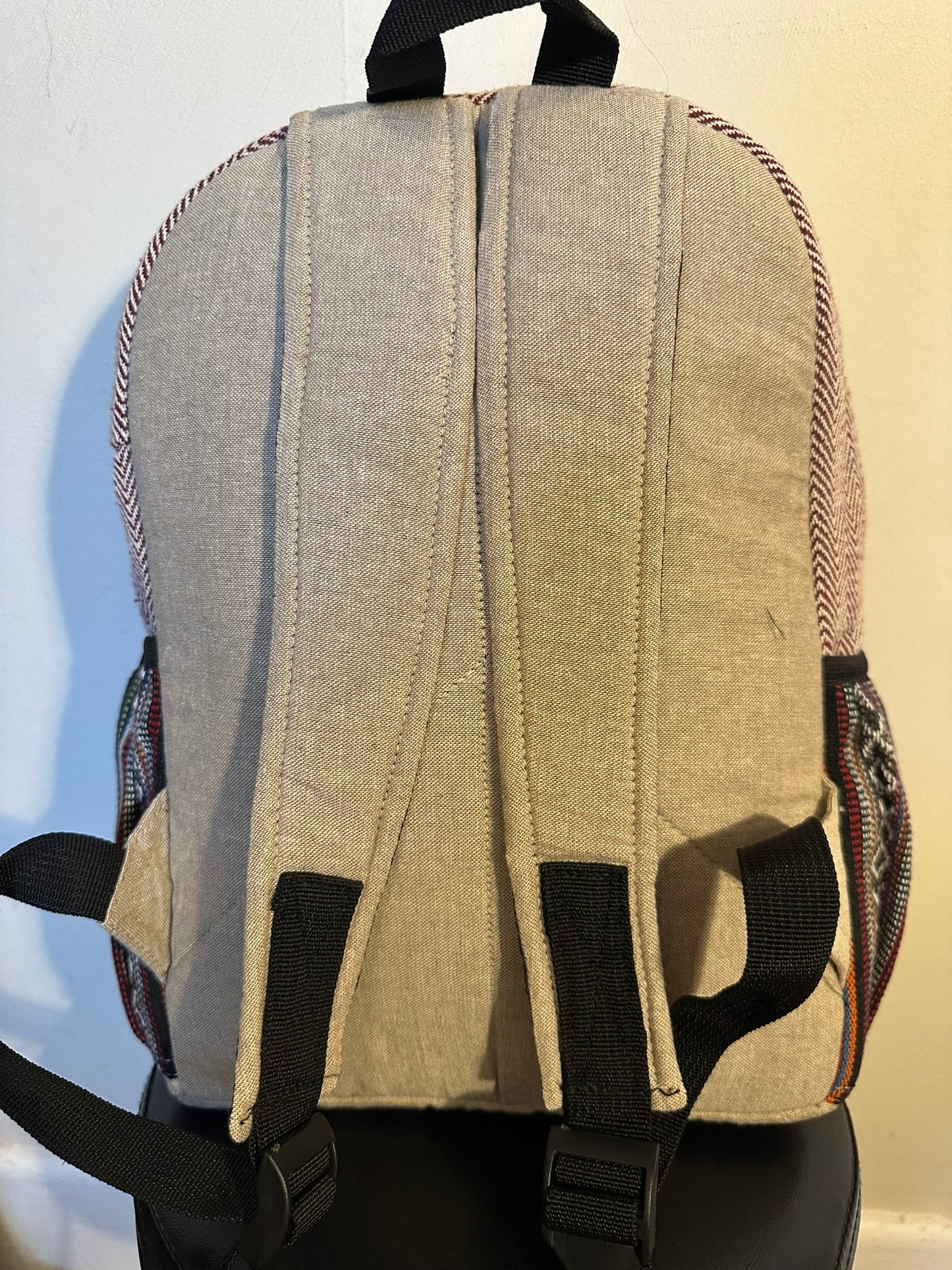 Himalayan Hemp Backpack Mushroom Print - 39x33cm - Handmade THC-Free Bag Made in Nepal - Boho Backpack