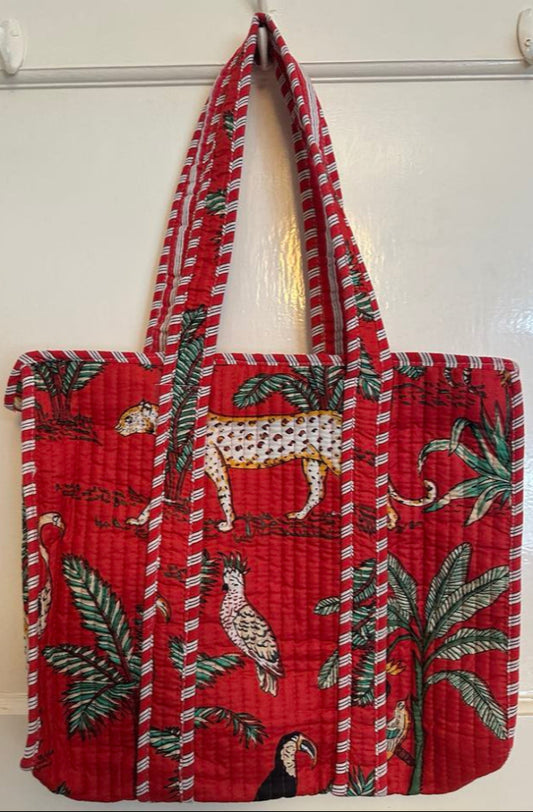 Bold Quilted Cotton Tote Bag – Jungle Animal Print – Red – Handmade Style – 33x33cm