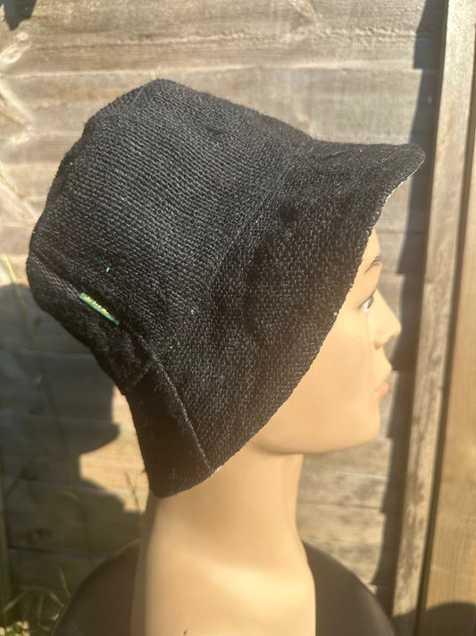 Black Handmade Hemp Bucket Hat – Unisex Boho Style – Eco-Friendly Festival Cap