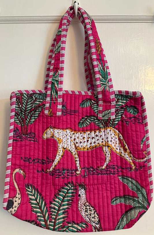 Handmade Quilted Tote Bag – Pink Jungle Print | Leopard, Flamingo, Parrot | 29x29cm