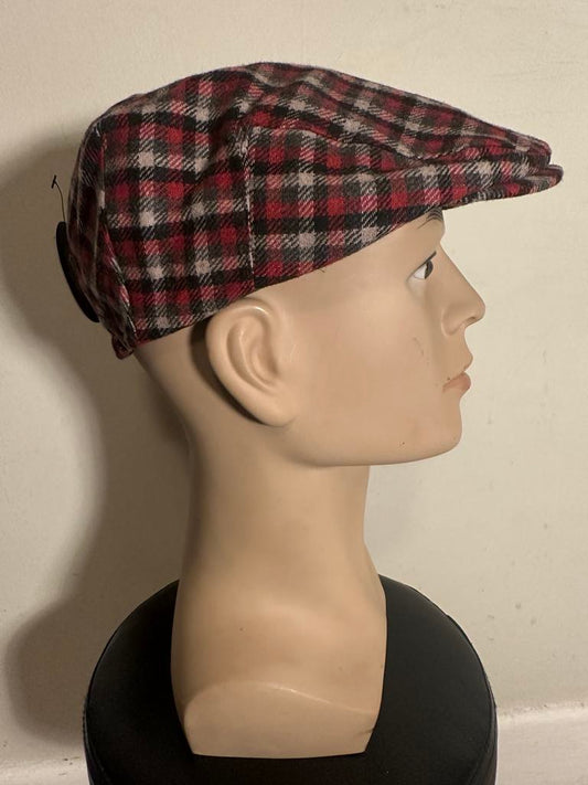 Vintage Style Flat Cap – Red Tartan Check Newsboy Hat – 50% Wool 50% Cotton – One Size Fits All