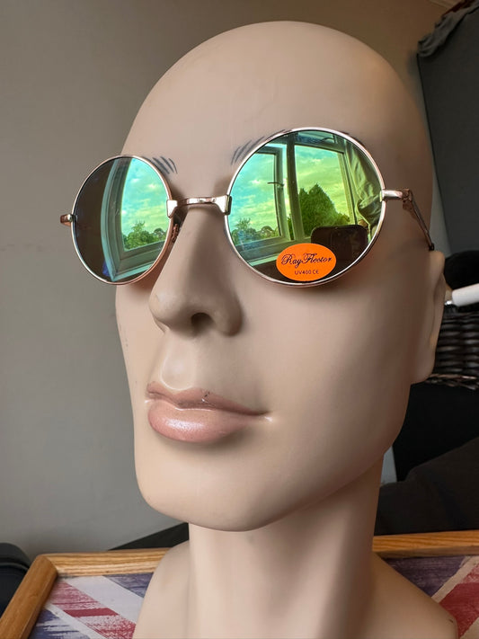 Rayflector AV1231 Round Retro Sunglasses UV400 CAT 3 – Gold Frame Green Mirror Lens