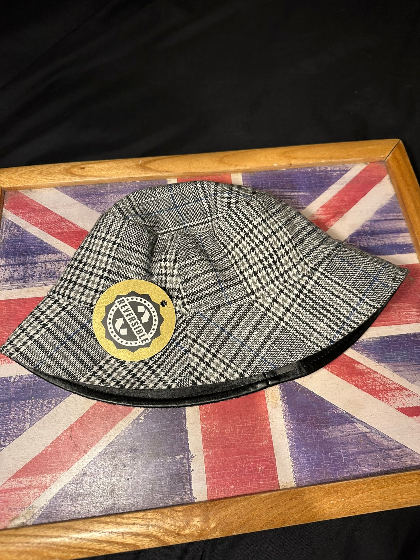 Reversible Bucket Hat Plaid & Black PU Faux Leather Unisex Trendy Street Style Cap