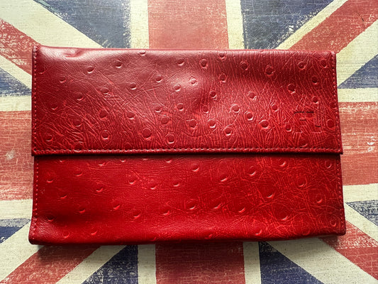 Elegant Faux Ostrich Leather Wallet Clutch - Red, 19x13cm, Multi-Compartment Organizer