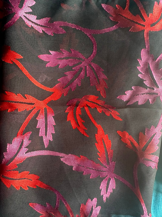 Chic Sheer Black Leaf Scarf - Red Purple Pattern 24x150cm Lightweight Polyester Viscose