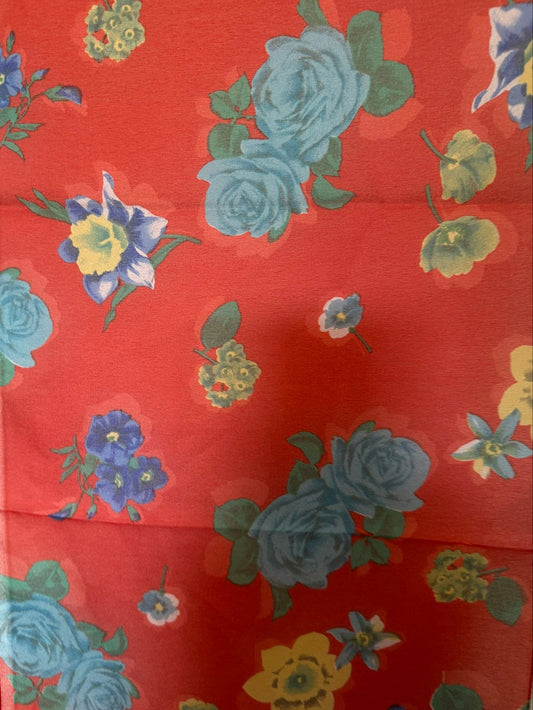 Italian Sheer Floral Scarf Red Blue Green Yellow Print 29x136 cm Polyester
