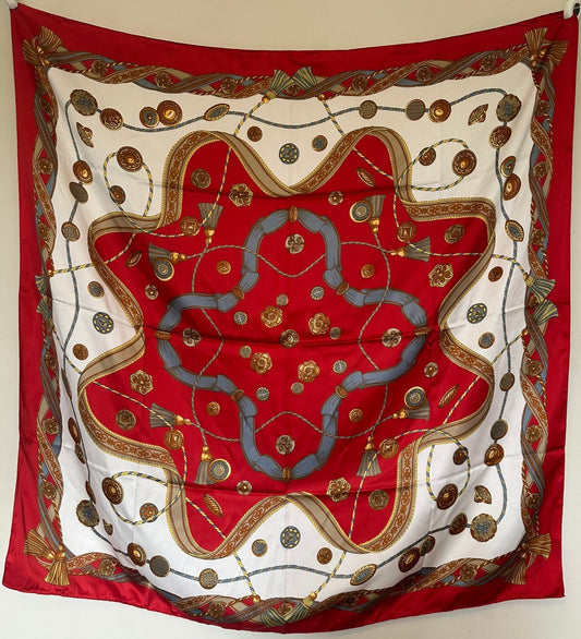 Elegant Italian Scarf Red Gold Chain Print Baroque Style 117x117cm 100% Polyester