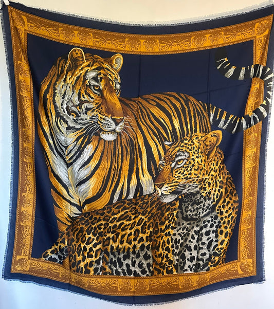 Luxury Italian Scarf Tiger Leopard Print Baroque Style 117x117cm 100% Polyester