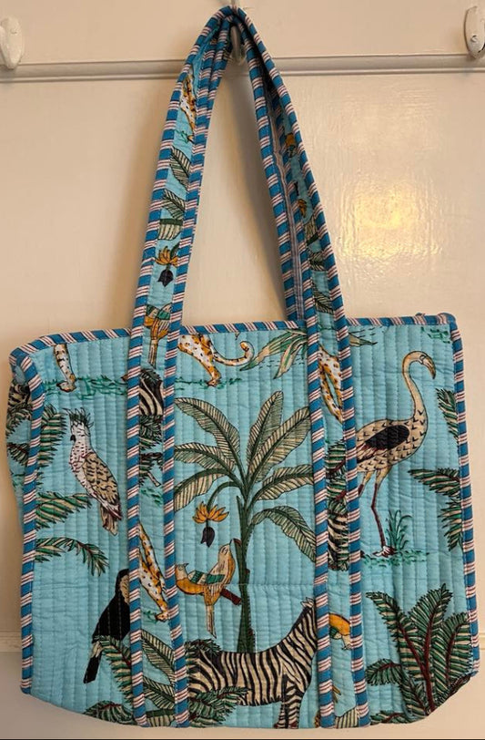 Quilted Tote Bag Jungle Animal Print – Blue Tropical Safari – 33x33cm