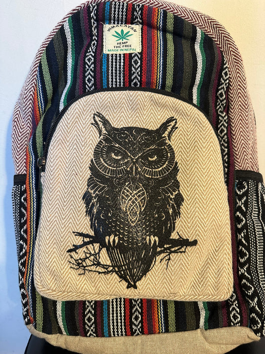 Himalayan Hemp Backpack Owl Print - 38x30cm - Handmade THC-Free Bag Made in Nepal - Boho Backpack