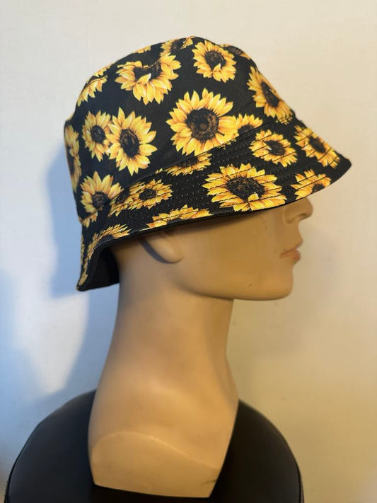 Reversible Sunflower Bucket Hat 100% Cotton Black Yellow Floral Unisex Summer Cap