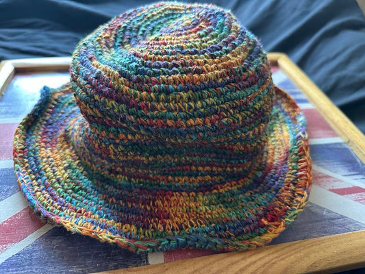 Handmade Multicolor Hemp Festival Hat – Shapeable Brim with Wire – Unisex Boho Style