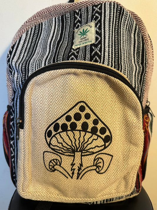 Himalayan Hemp Backpack Mushroom Print - 39x33cm - Handmade THC-Free Bag Made in Nepal - Boho Backpack